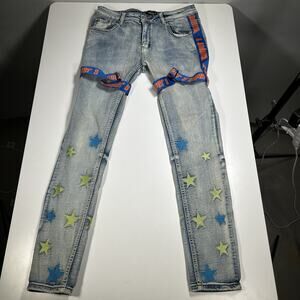 Cooper 9 Jeans Mens 32x31 Light Wash Star Embroidered Strap Streetwear Y2K Denim
